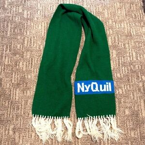 Green and Blue Scarf with fringe and with NyQuil stiched on one end
